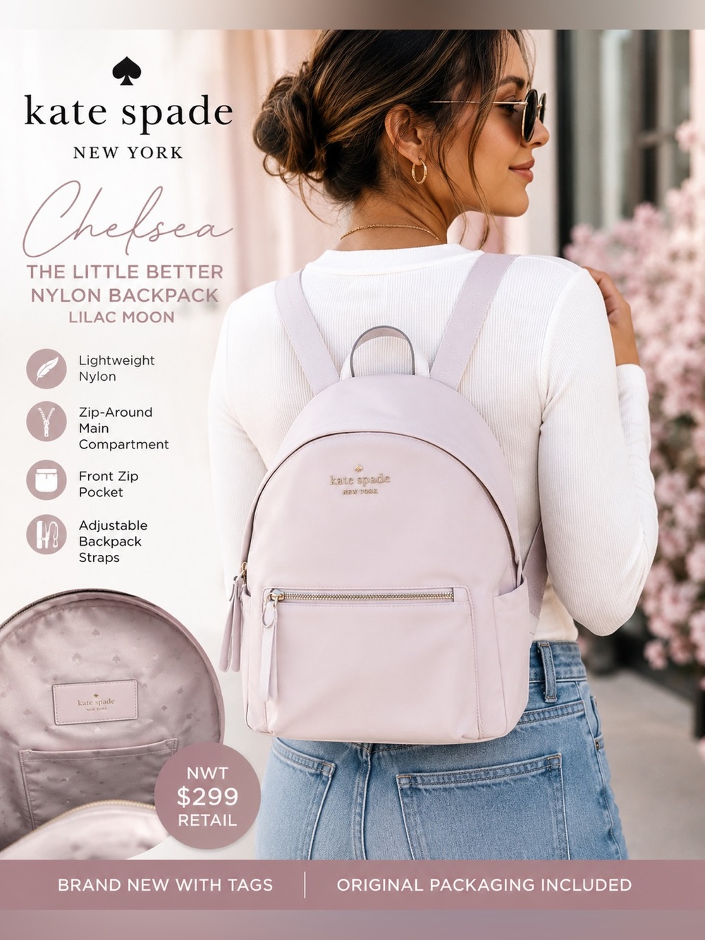 Kate Spade Chelsea Little Better Nylon Backpack Lilac Moon NWT $299
